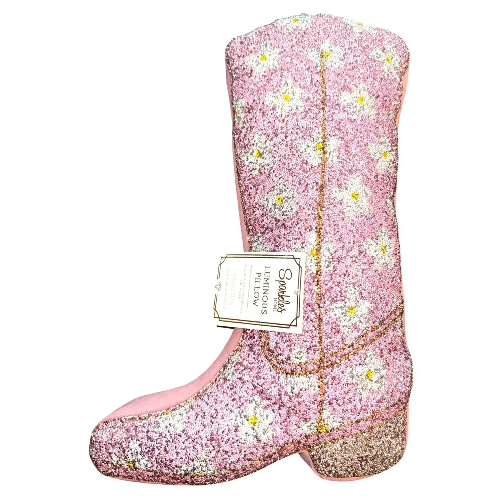 Sparkles Home Pink Glitter Cowboy Boot Pillow Western Daisy Glam Decor Floral